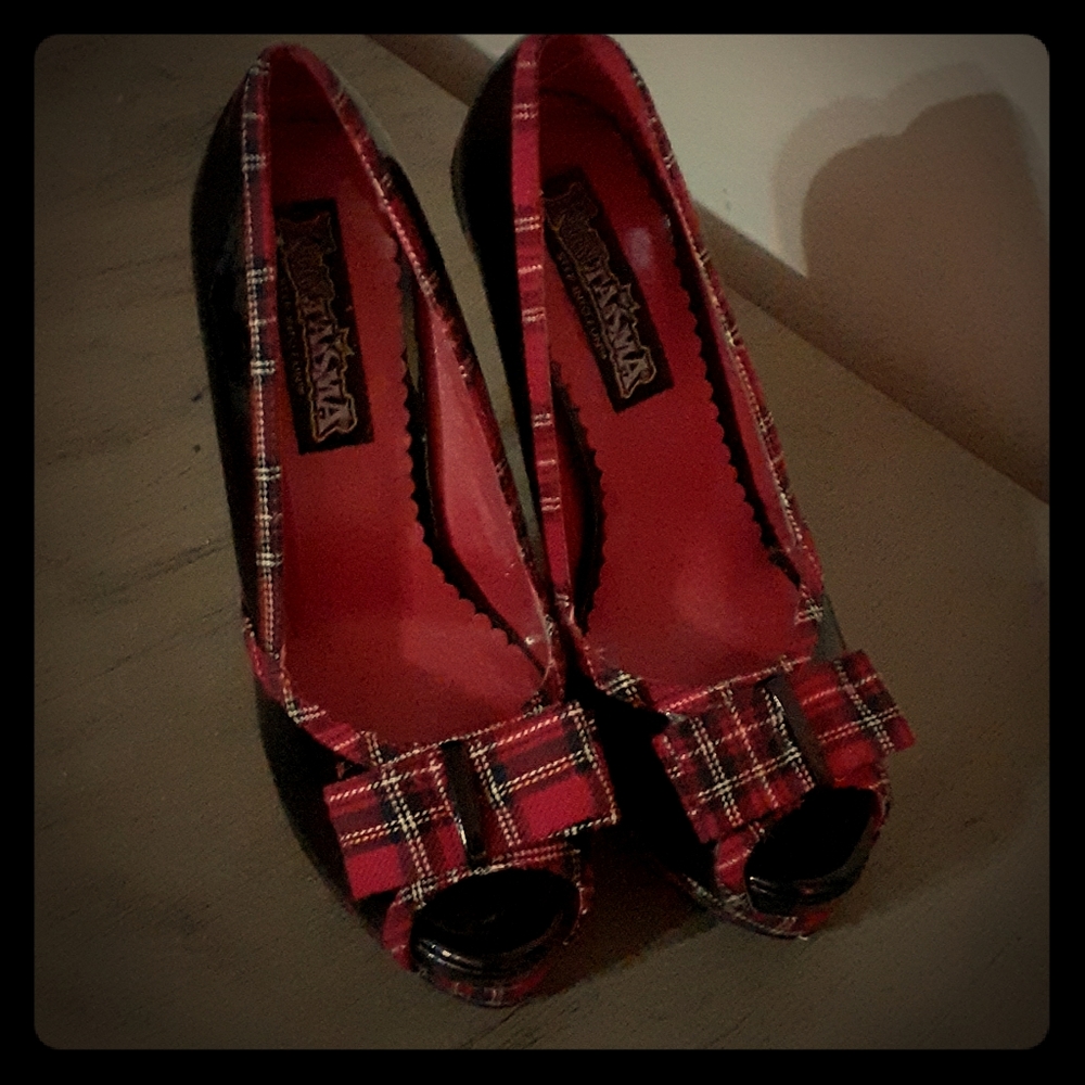 Black and plaid stiletto heels